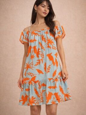 Joy Joy Blue Orange Print Dress Boho Tropical Chic S